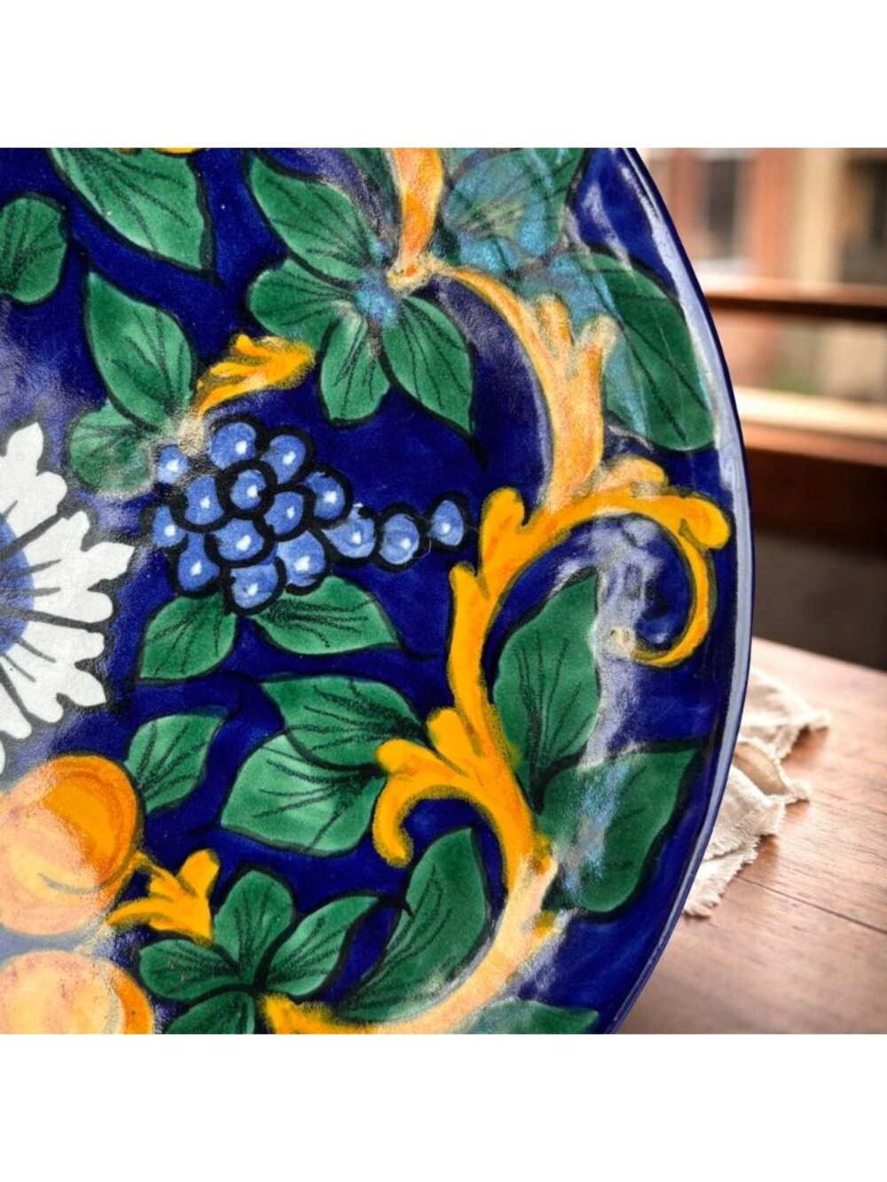 Hand Painted Talavera Plate 11.5” | Mexican Pottery Charger | Blue Yellow Floral - Picture 6 of 7